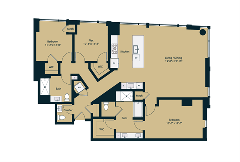 Floor plan for 2 beds, 2.5 baths, 1817 sqft